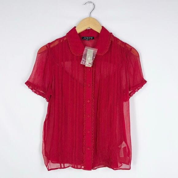 J Crew Women's Sheer Lace Trim Button Up Shirt Size 0 Red Short Sleeve - Picture 2 of 16